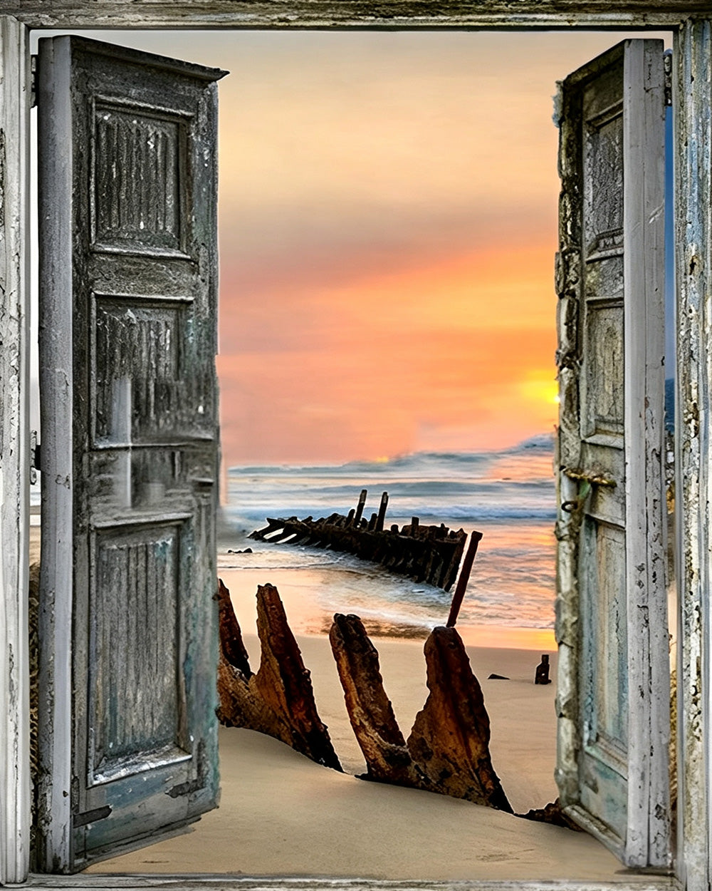 Rustic doors to shipwreck beach cross stitch kit for beginners