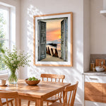 Rustic doors to shipwreck beach cross stitch artwork displayed on wall as home decor