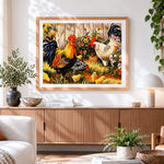 Finished rustic farmyard rooster, hen and chicks cross stitch artwork displayed