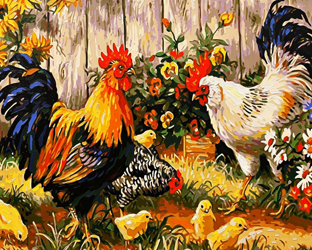 Rustic farmyard rooster, hen and chicks cross stitch kit for beginners