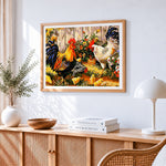 Rustic farmyard rooster, hen and chicks cross stitch artwork displayed on wall as home decor