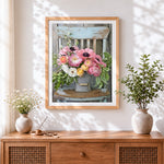 Finished rustic flower bucket on chair cross stitch artwork displayed