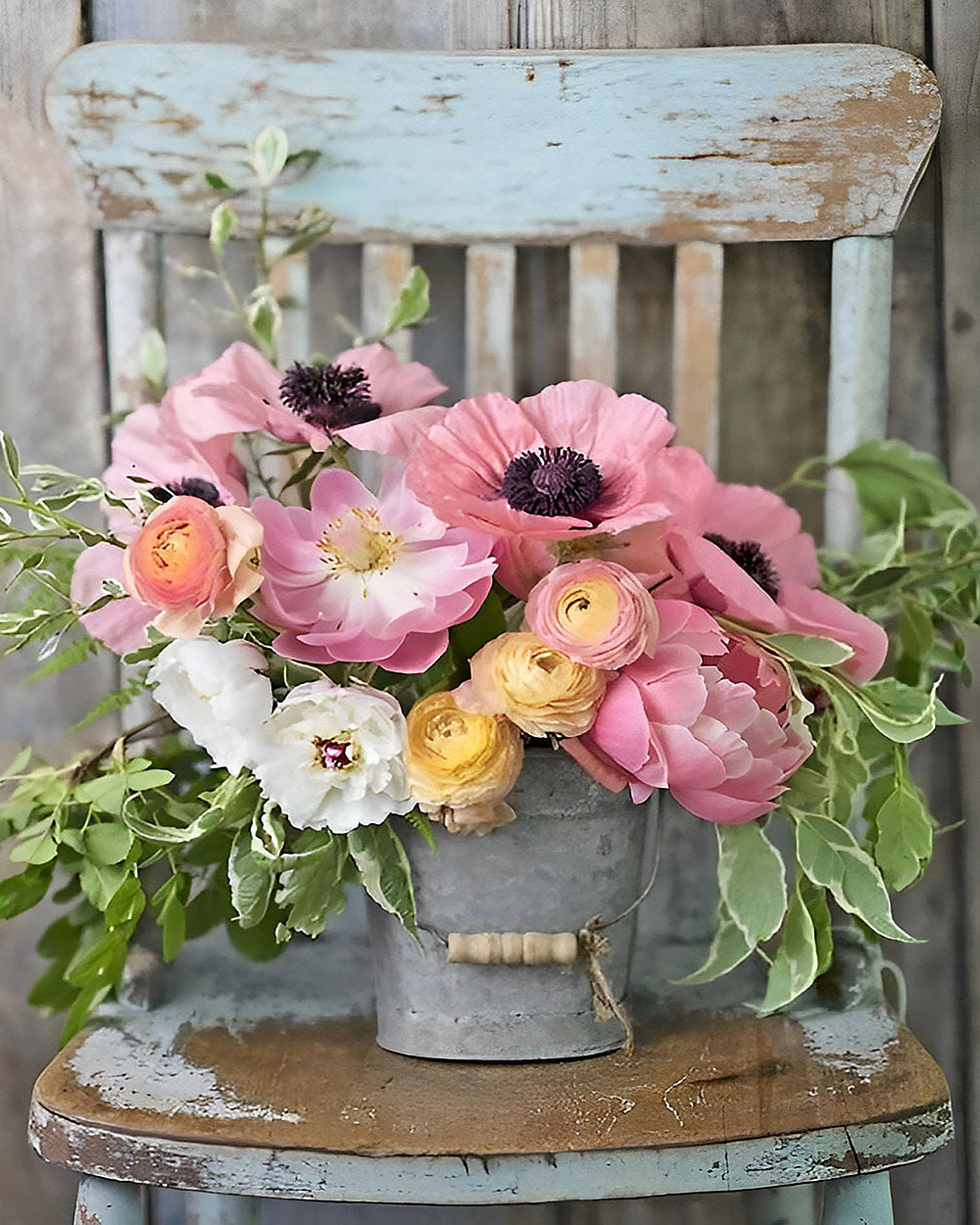 Rustic flower bucket on chair cross stitch kit for beginners