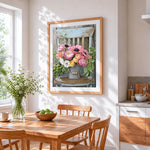Rustic flower bucket on chair cross stitch artwork displayed on wall as home decor