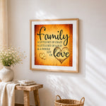 Rustic golden family quote cross stitch artwork displayed on wall as home decor