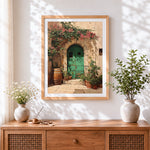 Finished rustic green door and bougainvillea cross stitch artwork displayed