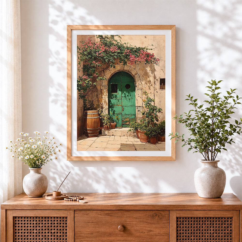 Finished rustic green door and bougainvillea cross stitch artwork displayed