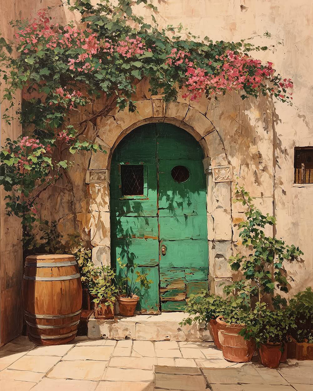 Rustic green door and bougainvillea cross stitch kit for beginners