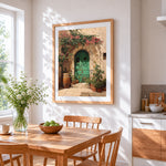 Rustic green door and bougainvillea cross stitch artwork displayed on wall as home decor