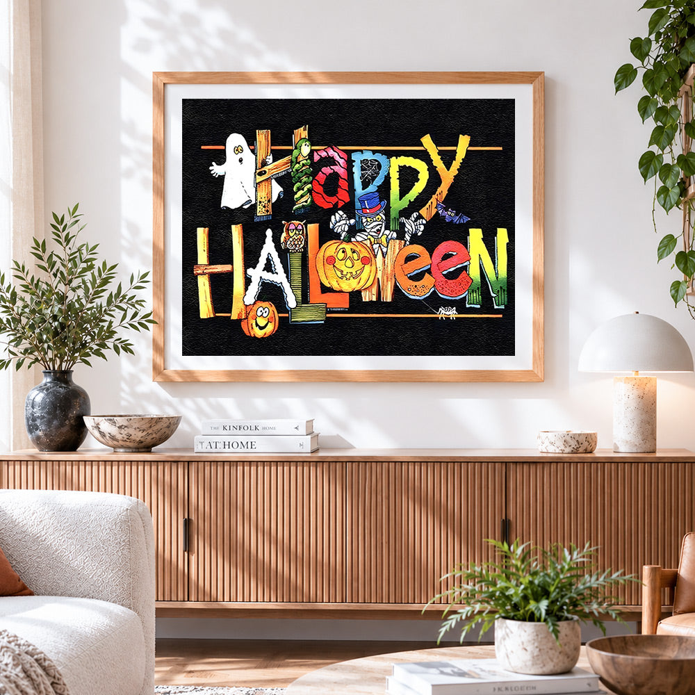 Finished rustic happy halloween wooden sign cross stitch artwork displayed