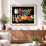 Finished rustic happy halloween wooden sign cross stitch artwork displayed