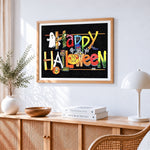 Rustic happy halloween wooden sign cross stitch artwork displayed on wall as home decor