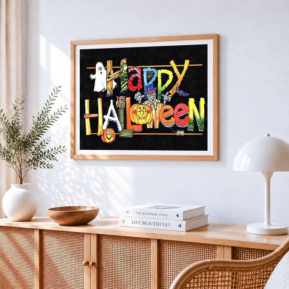 Rustic happy halloween wooden sign cross stitch artwork displayed on wall as home decor