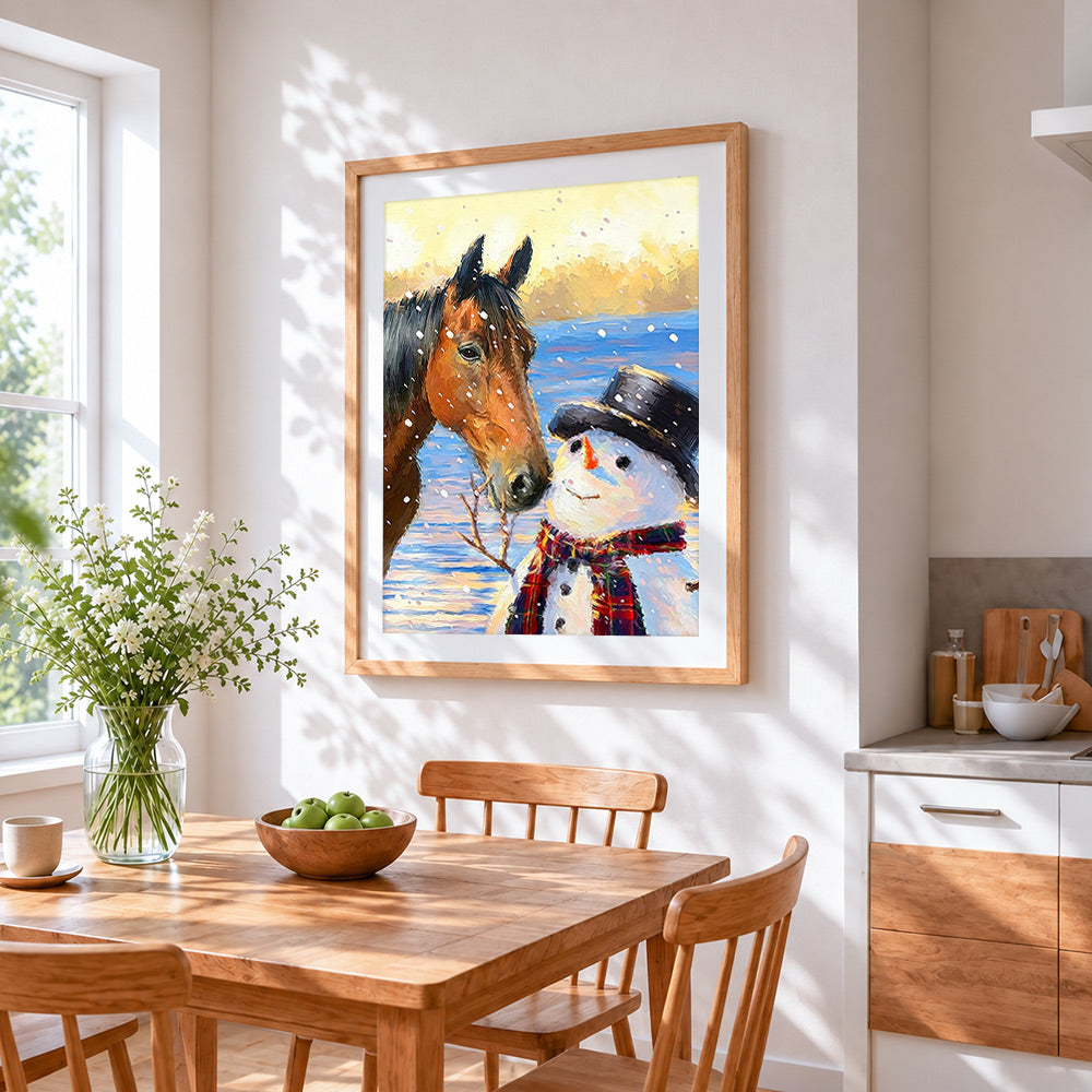 Rustic horse and snowman cross stitch artwork displayed on wall as home decor