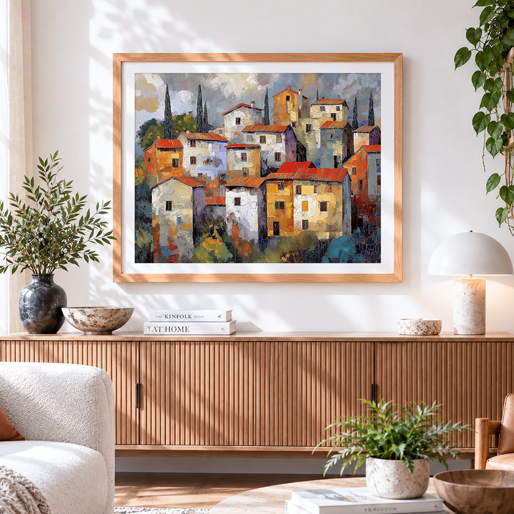 Finished rustic houses cross stitch artwork displayed