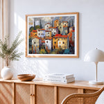 Rustic houses paint by numbers artwork displayed on wall as home decor