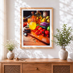 Finished rustic kitchen still life cross stitch artwork displayed