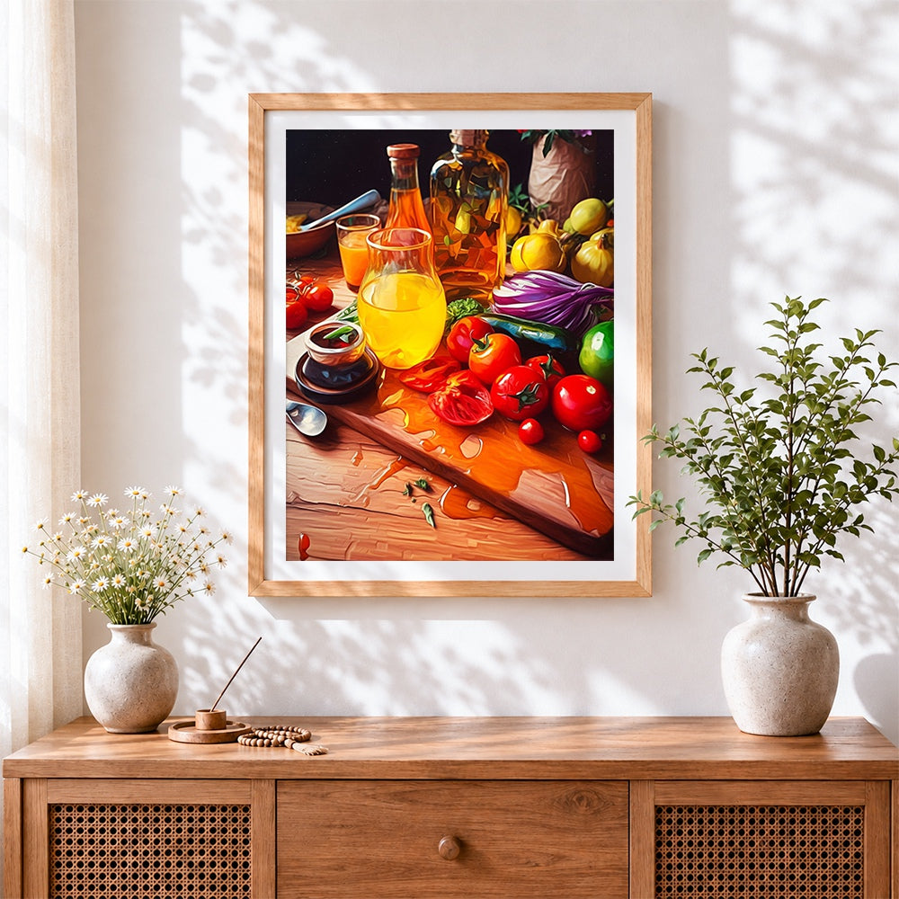 Finished rustic kitchen still life cross stitch artwork displayed