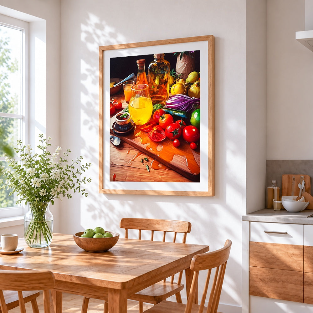 Rustic kitchen still life cross stitch artwork displayed on wall as home decor