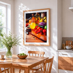 Rustic kitchen still life cross stitch artwork displayed on wall as home decor
