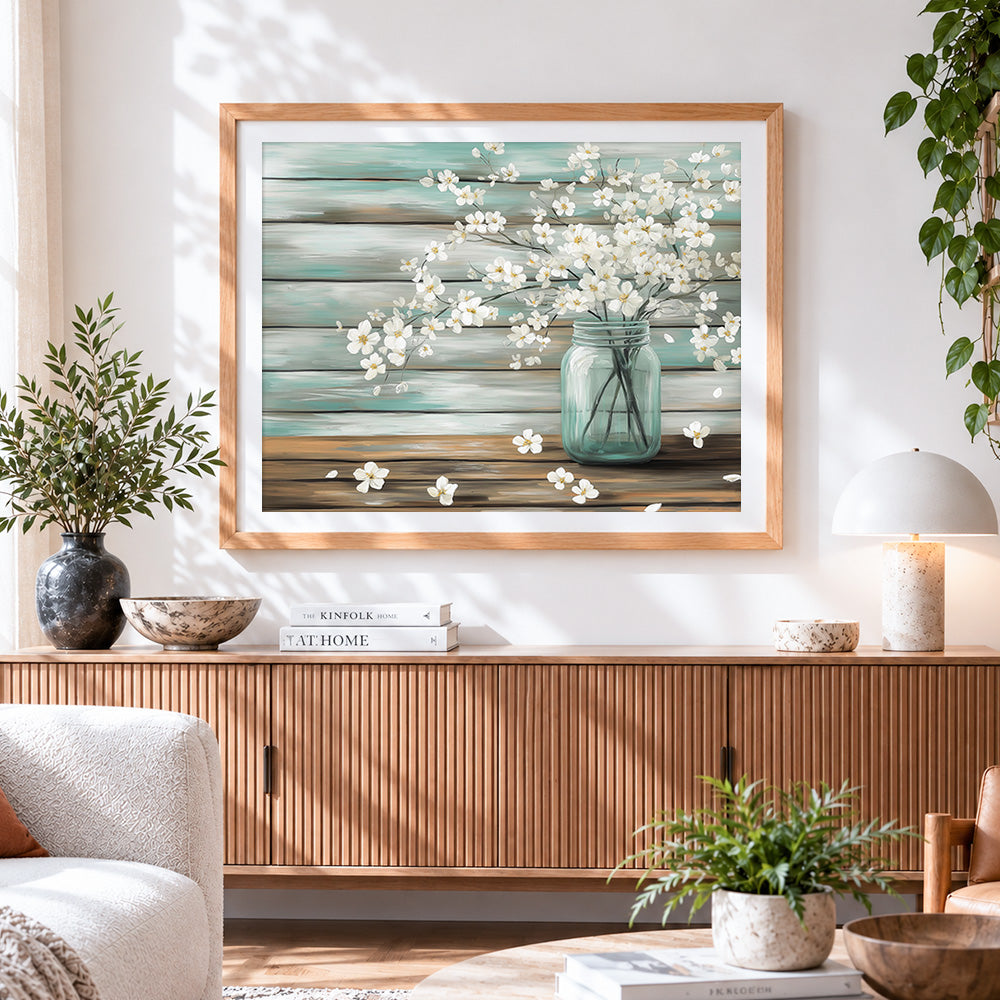 Finished rustic mason jar with white blossoms paint by numbers artwork displayed as home decor