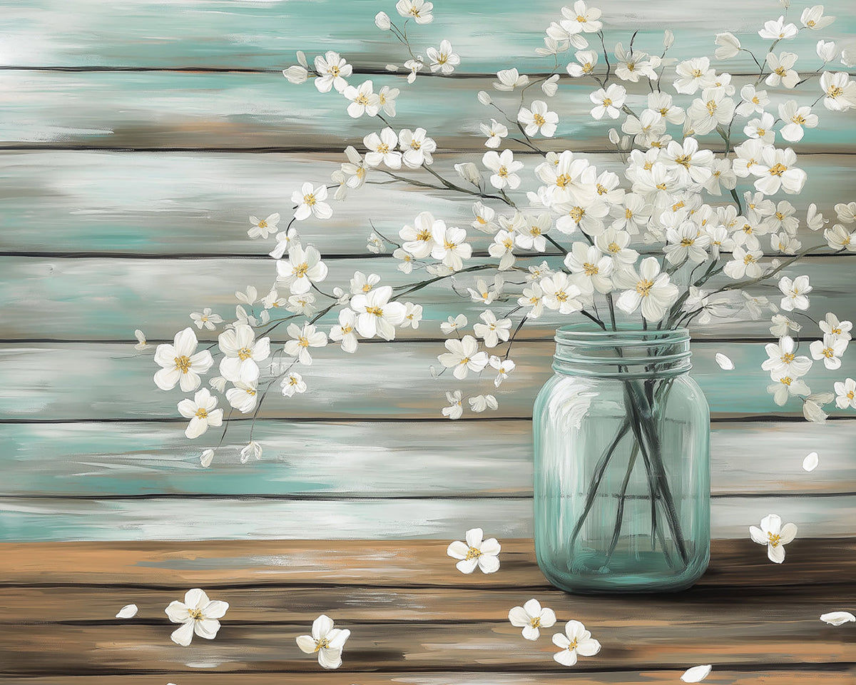 Rustic mason jar with white blossoms paint by numbers kit for beginners