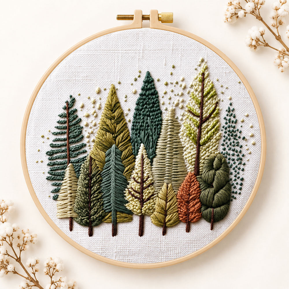 Rustic pine tree grove embroidery kit
