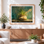Finished rustic potted plant on a ledge cross stitch artwork displayed