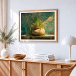 Rustic potted plant on a ledge cross stitch artwork displayed on wall as home decor