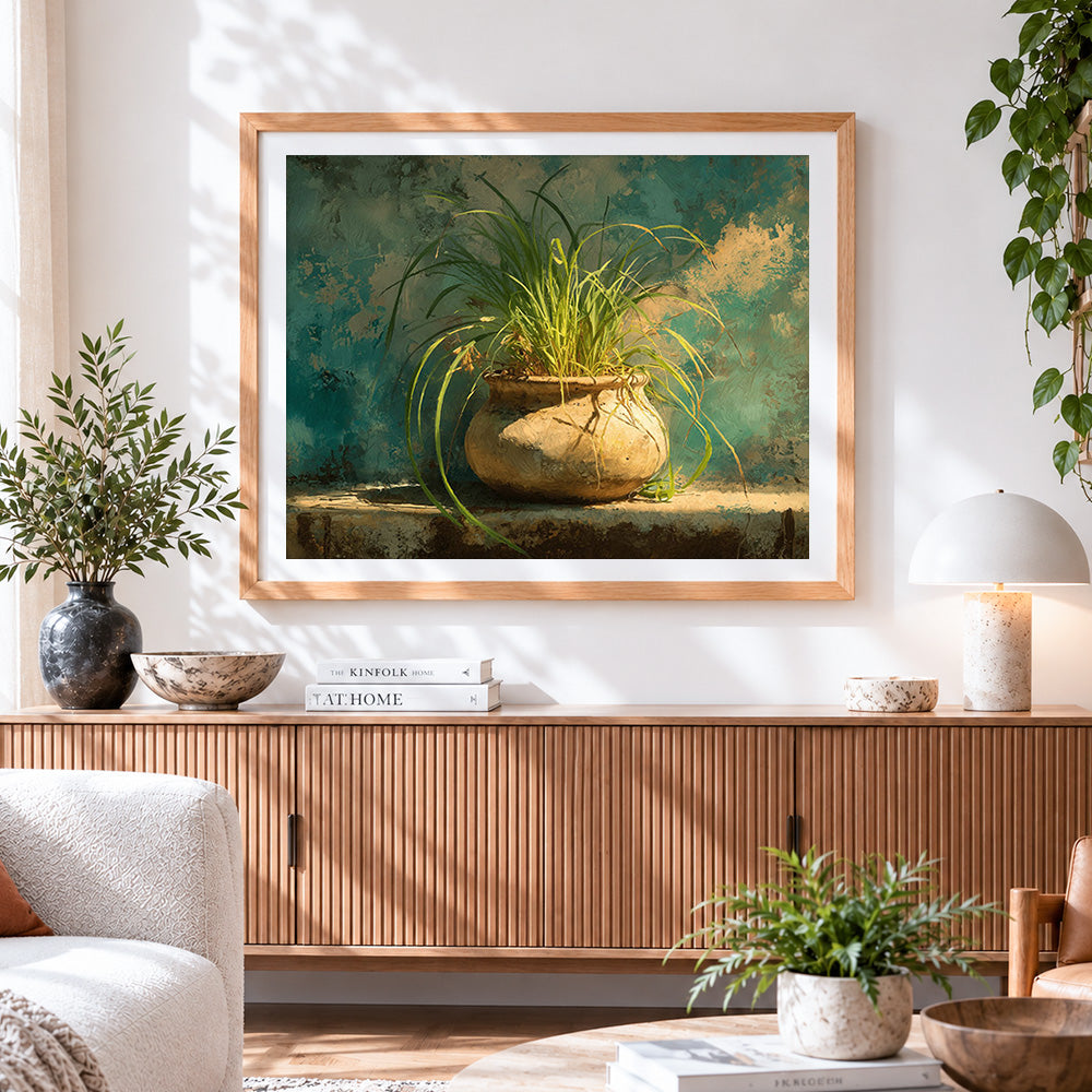 Finished rustic potted plant on a ledge paint by numbers artwork displayed as home decor