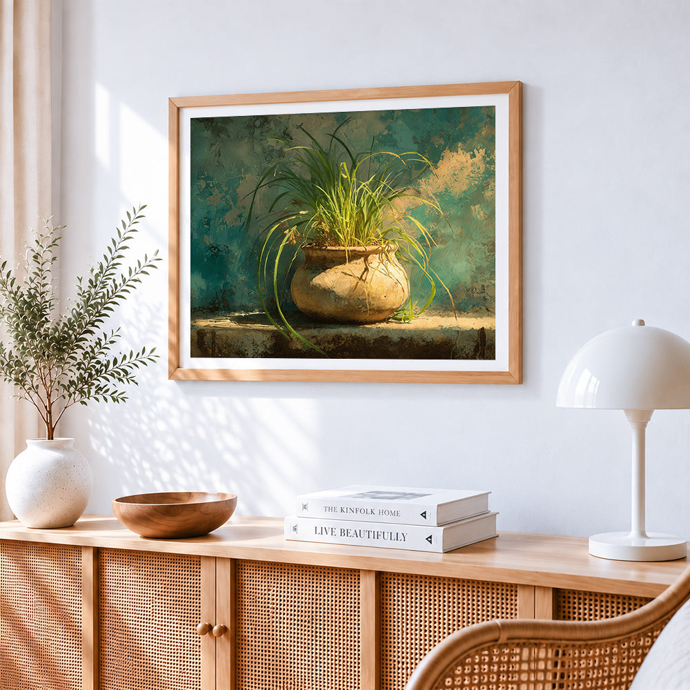 Rustic potted plant on a ledge paint by numbers artwork displayed on wall as home decor