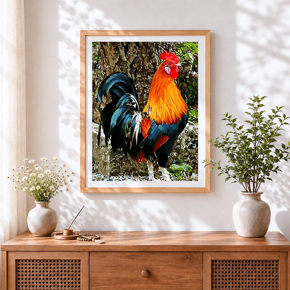 Finished rustic rooster cross stitch artwork displayed