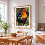 Rustic rooster cross stitch artwork displayed on wall as home decor