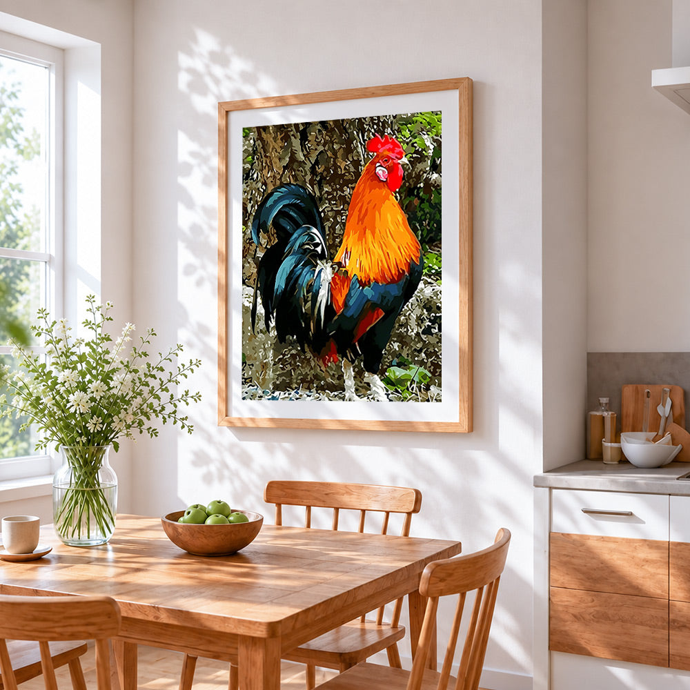 Rustic rooster cross stitch artwork displayed on wall as home decor