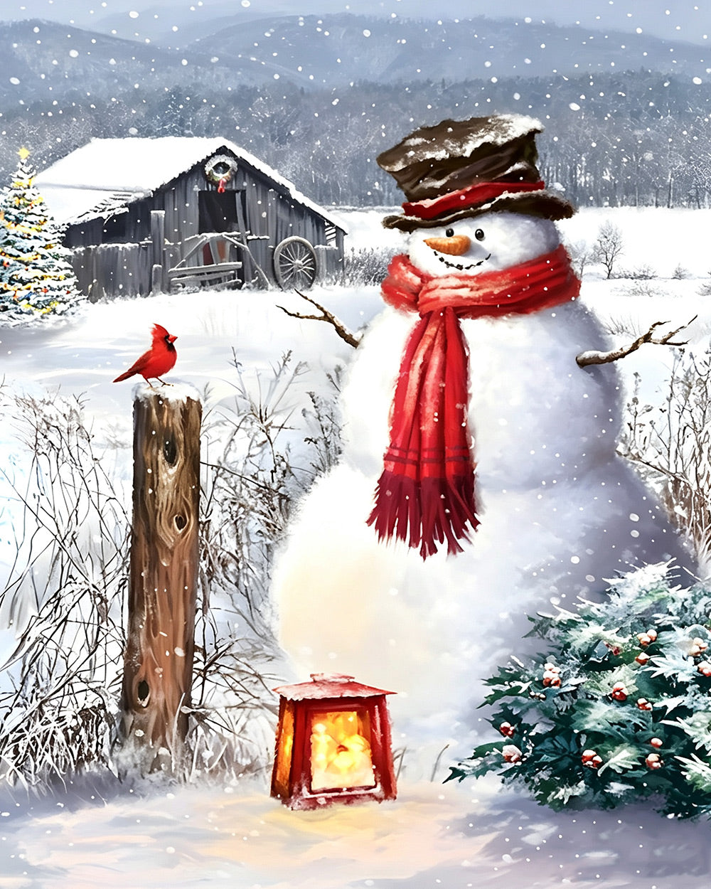 Rustic snowman and red cardinal on a farm cross stitch kit for beginners
