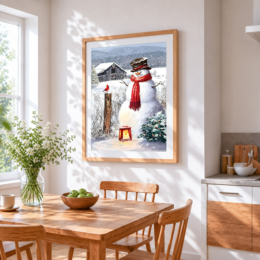 Rustic snowman and red cardinal on a farm cross stitch artwork displayed on wall as home decor