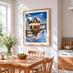 Rustic snowman by a cosy log cabin cross stitch artwork displayed on wall as home decor