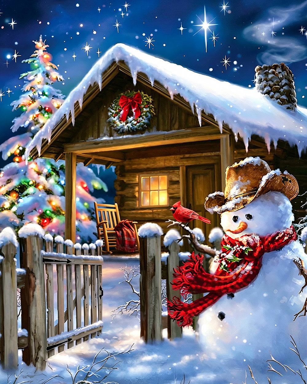 Rustic snowman by a snowy log cabin cross stitch kit for beginners