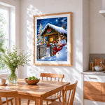 Rustic snowman by a snowy log cabin cross stitch artwork displayed on wall as home decor