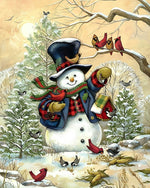 Rustic snowman feeding winter birds cross stitch kit for beginners