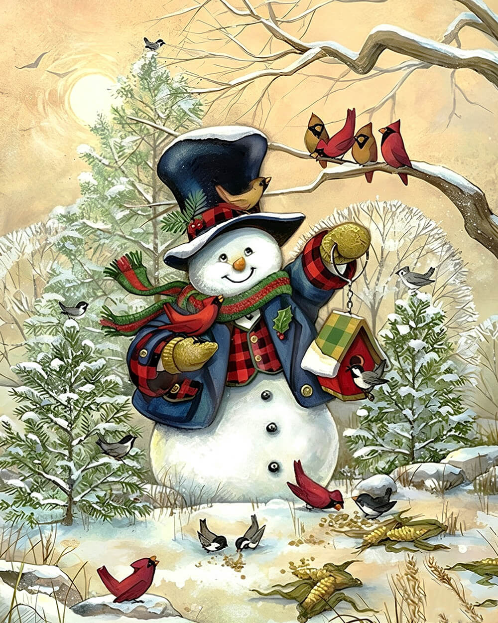 Rustic snowman feeding winter birds cross stitch kit for beginners