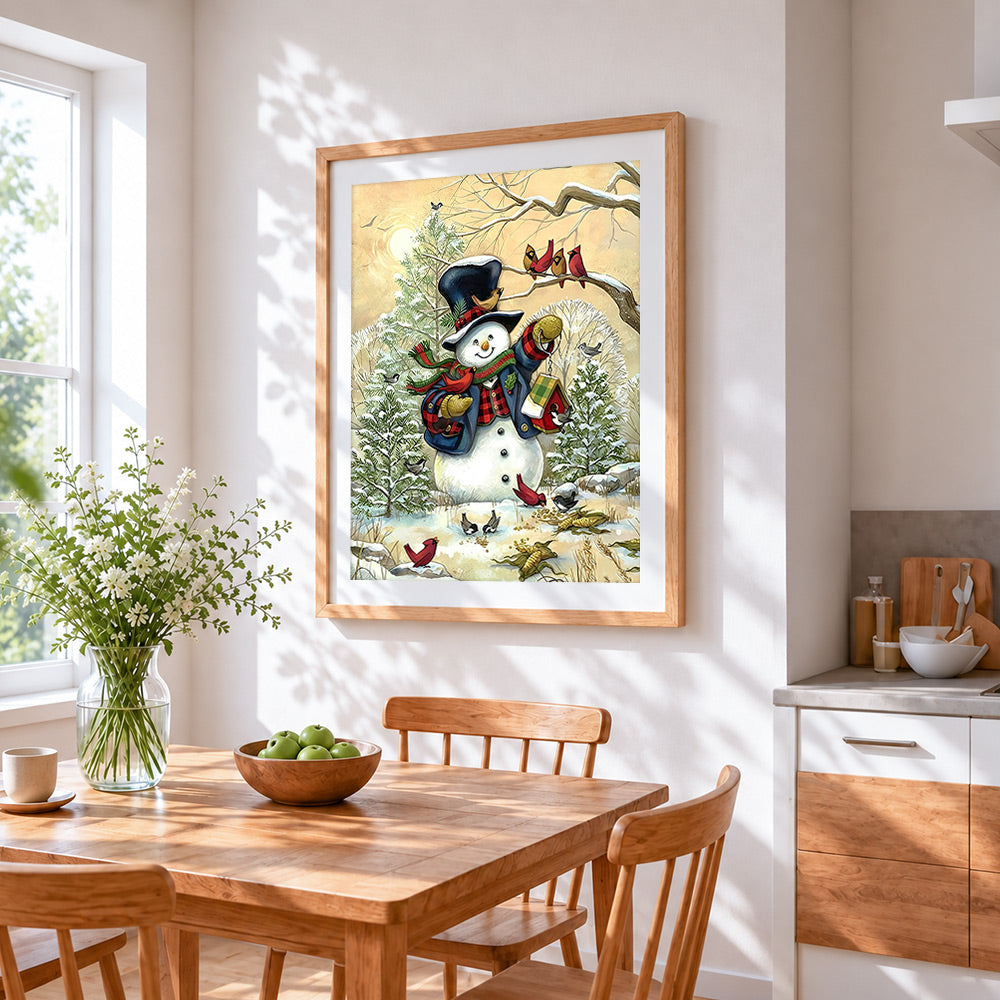 Rustic snowman feeding winter birds cross stitch artwork displayed on wall as home decor