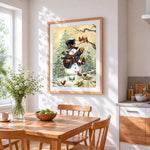 Rustic snowman feeding winter birds cross stitch artwork displayed on wall as home decor