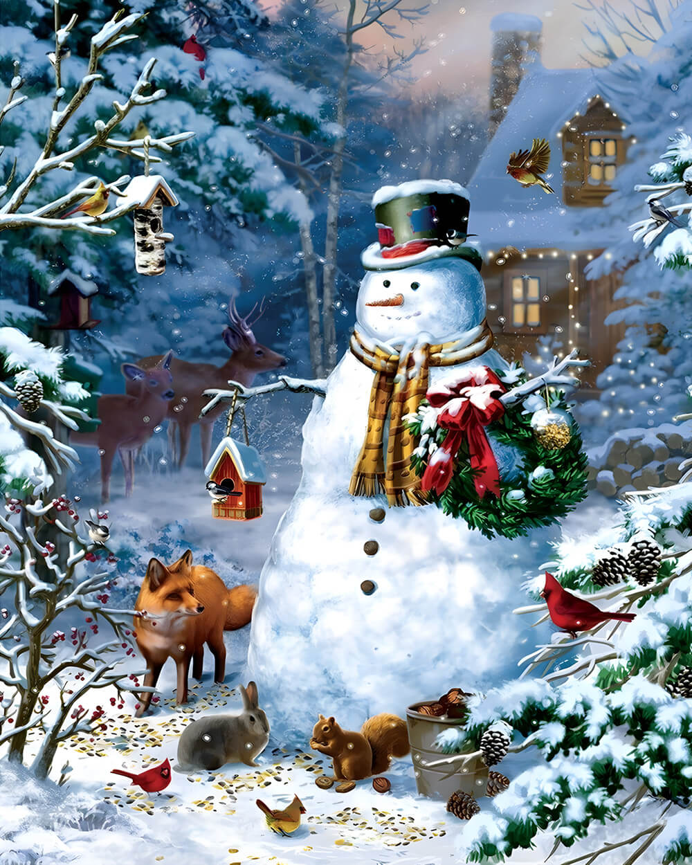 Rustic snowman feeding woodland animals cross stitch kit for beginners