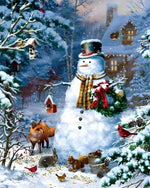 Rustic snowman feeding woodland animals cross stitch kit for beginners