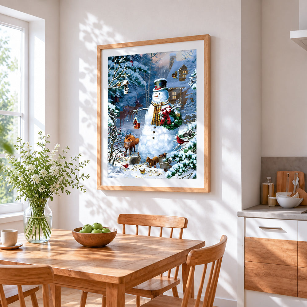 Rustic snowman feeding woodland animals cross stitch artwork displayed on wall as home decor