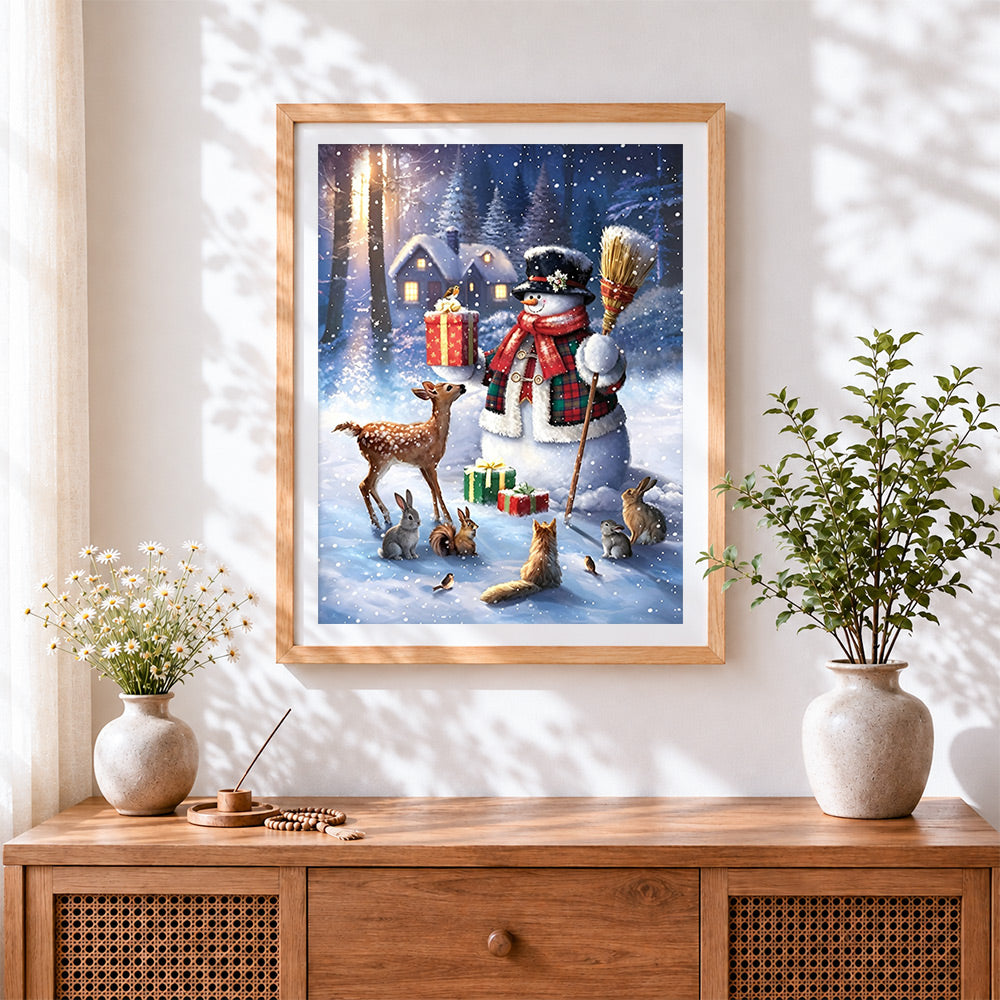 Finished rustic snowman in plaid coat cross stitch artwork displayed