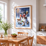 Rustic snowman in plaid coat cross stitch artwork displayed on wall as home decor