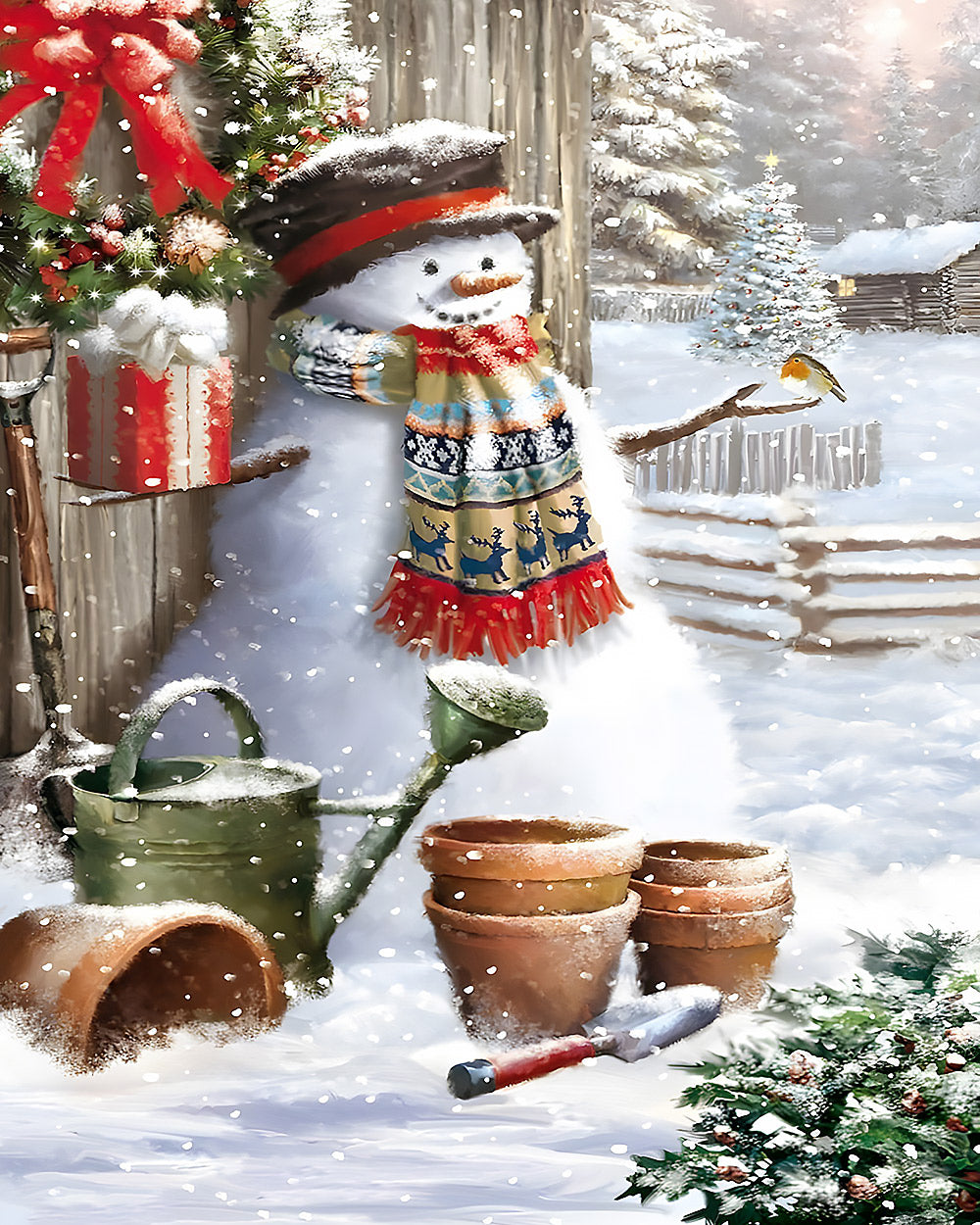 Rustic snowman, robin and gardening tools cross stitch kit for beginners