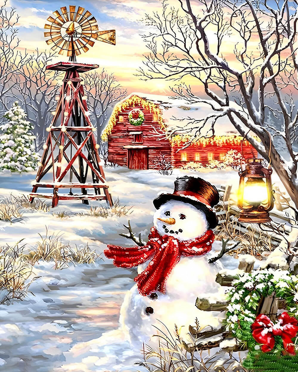 Rustic snowman with windmill and red barn cross stitch kit for beginners